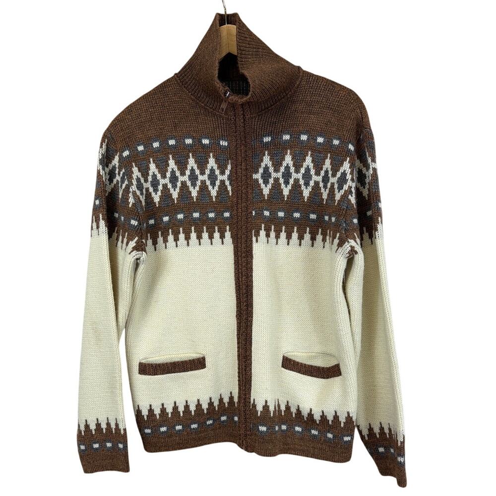 Vintage White Ram by RamTuk Cream Brown Knit Zip Up Cardigan Sweater Canada M
